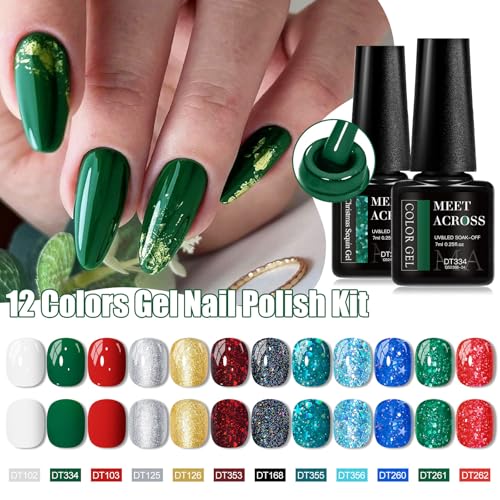 MEET ACROSS 12PCS Gel Nail Polish Set - Red Green / 3 Fl Oz Long-Lasting UV & LED Nail Art Kit