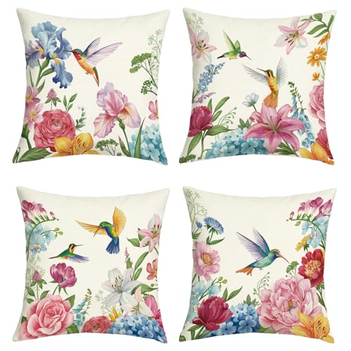 Floral Hummingbird Throw Pillow Covers, Set of 4, 18x18