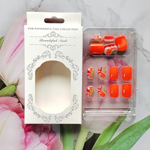 WLGDLH Design 1B1 24Pcs Orange Short Square Press On Nails with Colorful Flower Design