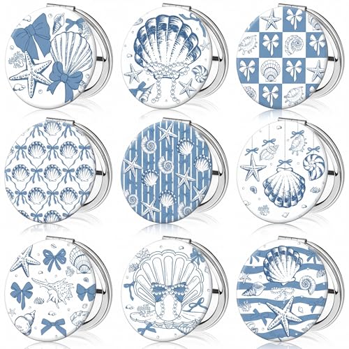 Weysat 9 Pcs Blue Seashell Compact Mirrors - Double Sided 1x/2x