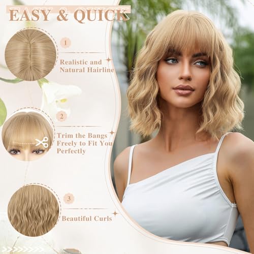 NAYOO Flaxen Blonde Bob Wig with Bangs - 14 Inch Shoulder Length