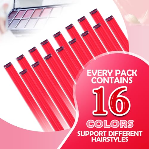 HappClan Red 22 Inch Clip-In Hair Extensions - Colorful Synthetic Rainbow Hairpieces for Girls & Women, Easy DIY Style, Party & Cosplay