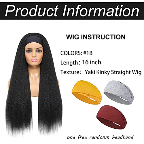 Kinky Straight Headband Wig - 16 Inch Synthetic Yaki Hair - 1B