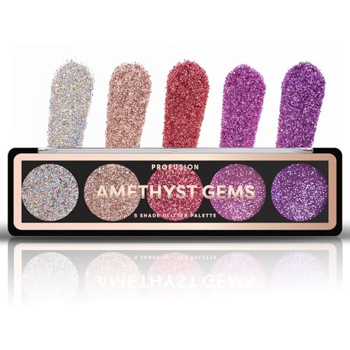 Profusion Cosmetics Amethyst Gems Glitter Eyeshadow Palette - 5 Vibrant Shades, Built-In Primer, Vegan & Cruelty-Free