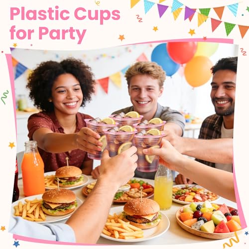 50 Pcs Clear Pink 12 oz Disposable Party Cups for Events