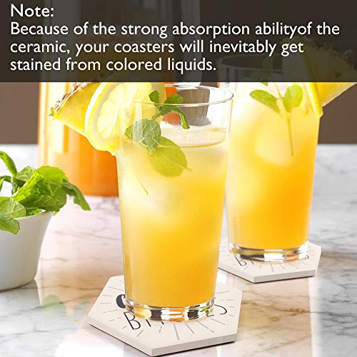 LotFancy Funny Hexagon Drink Coasters Set with Holder - 6PCS Ceramic