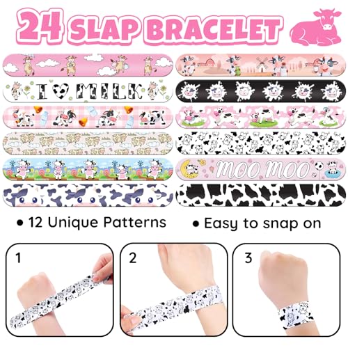 Cow Party Favors Set with 72 Temporary Tattoos & 24 Slap Bracelets for Kids, Farm Birthday & Classroom Rewards – Cow Variation