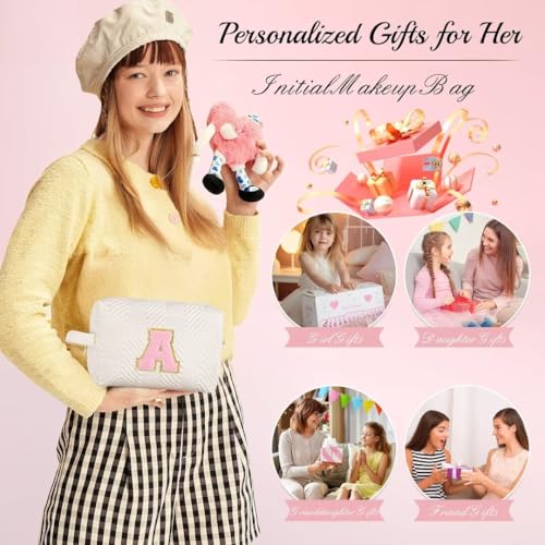 YOOLIFE White L Initial Makeup Bag for Girls - Personalized Gift, Travel Toiletry Organizer