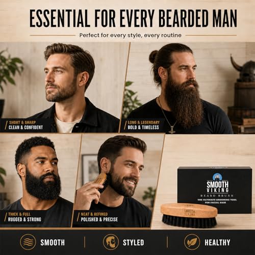 Smooth Viking Beard and Facial Hair Grooming Set - Natural Boar Bristle Brush, Mustache Brush, Styling and Shaping Tool for Men