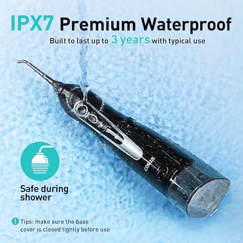 COSLUS Water Dental Flosser Teeth Pick C20: ADA Accepted, Portable Cordless Oral Irrigator 300ML Rechargeable Travel Irrigation Cleaner IPX7 Waterproof Electric Flossing Machine for Teeth, Black