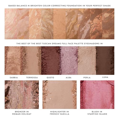 LAURA GELLER NEW YORK Baked Starter Kit- Baked Balance-n-Brighten, Fair + Best of the Best Tuscan Dreams Face Palette + Retractable Angled Kabuki Brush