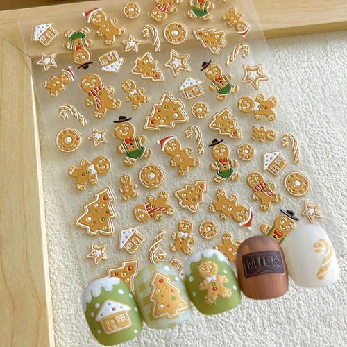 4 Sheets Christmas Nail Stickers – Gingerbread Man, Snowman, Santa Bear 5D Embossed Self-Adhesive Decals (Winthrop) – Holiday Manicure Kit