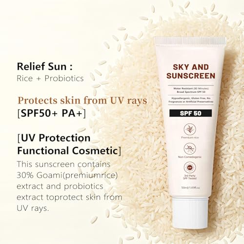 SKY AND Organic Korean SPF50+ Sunscreen with Rice & Probiotics, All Skin Types, Water-Resistant