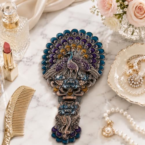 Vintage Hand Mirror with Handle - Peacock Design, Copper
