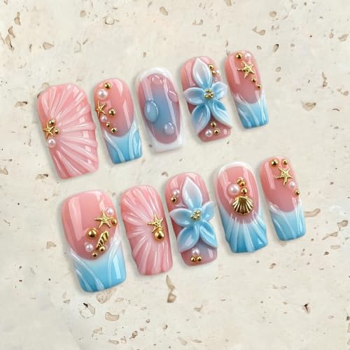 Medium Square Press on Nails with 3D Shell & Starfish Decor - M Size