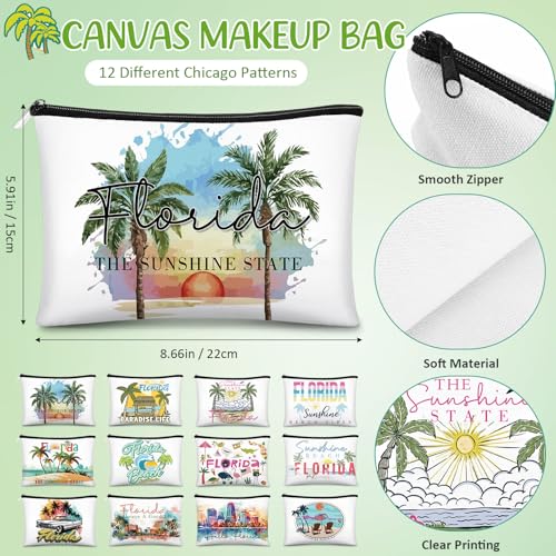 Florida Themed Canvas Makeup Bags - 12 Pack Zippered Cosmetic Pouches