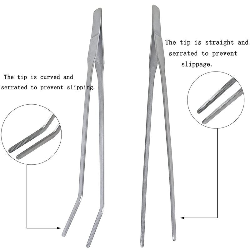 2 Pcs Feeding Tongs, Aquarium Tweezers Stainless Steel Straight and Curved Tweezers Set 27cm/10.6 inches Aquascaping Tools for Hold Worms, Reptiles, Lizards, Bearded Dragon (Silver)