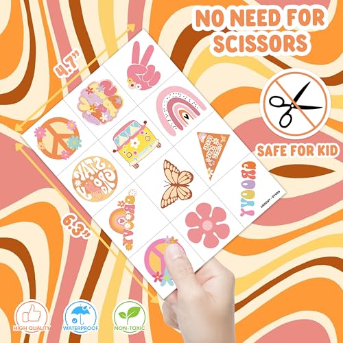 60 Pre-Cut Retro Temporary Tattoos for Kids - Groovy Hippie Theme