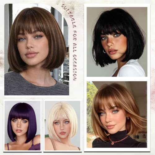 Brown Blonde Highlight Bob Wig with Bangs - Synthetic Wig for Women