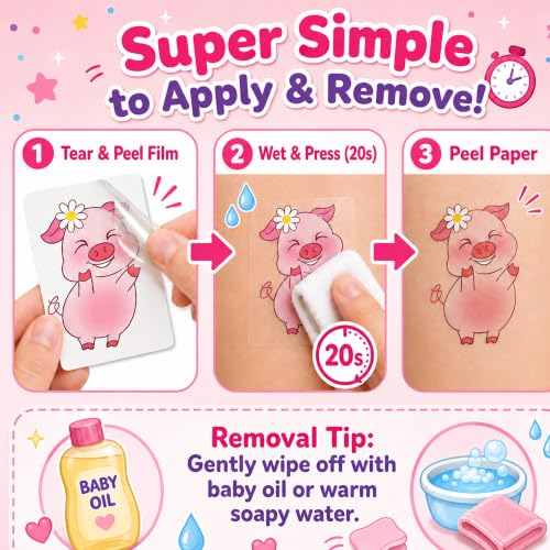 96 PCS Pre-Cut Pig Temporary Tattoos for Kids — Farm Animal Party Favors