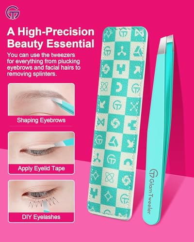 GlamTweeler Professional Slant Tip Eyebrow Tweezers with Leather Case