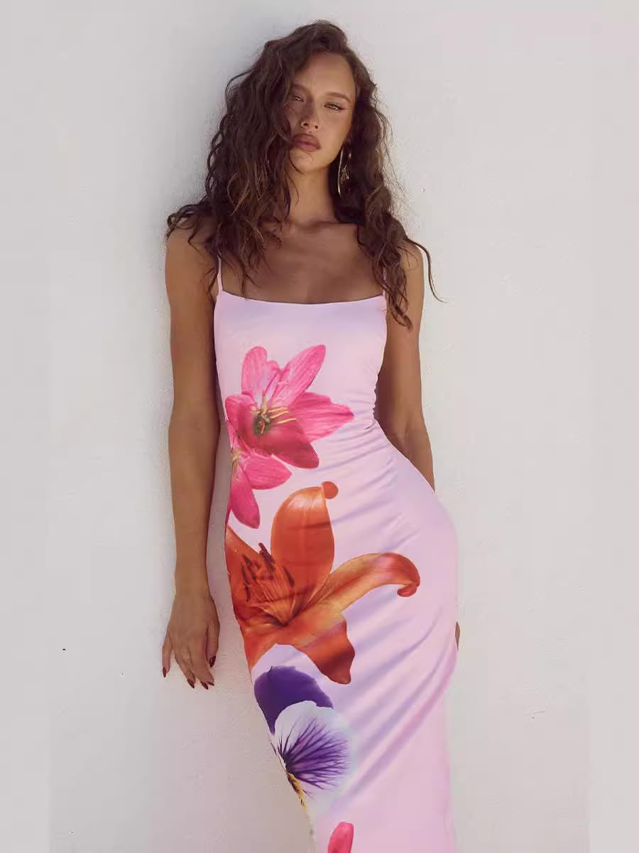 Women Floral Print Maxi Dress Spaghetti Strap Sleeveless Bodycon Long Dress Back Slit Summer Beach Party Dress