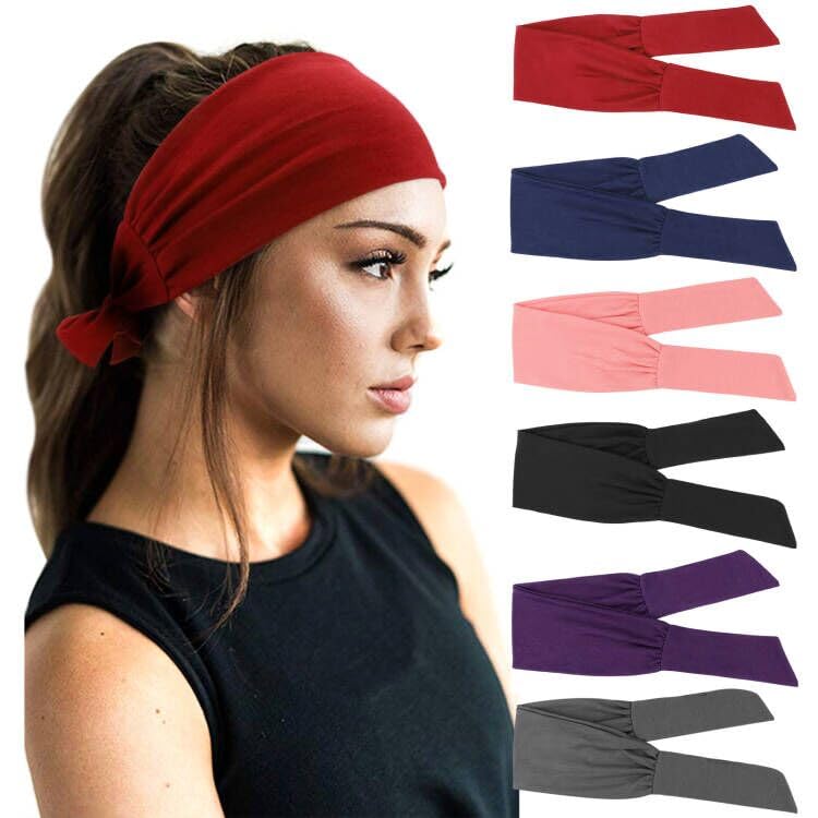 DRESHOW 6-Pack Adjustable Knotted Headbands for Women – Non-Slip Sports Hair Bands (Red, Black, Dark Purple, Coral Red, Navy, Silvery Grey)