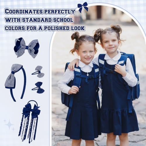 DEEKA 13-Piece Navy Blue Gingham School Hair Accessories Set for Girls