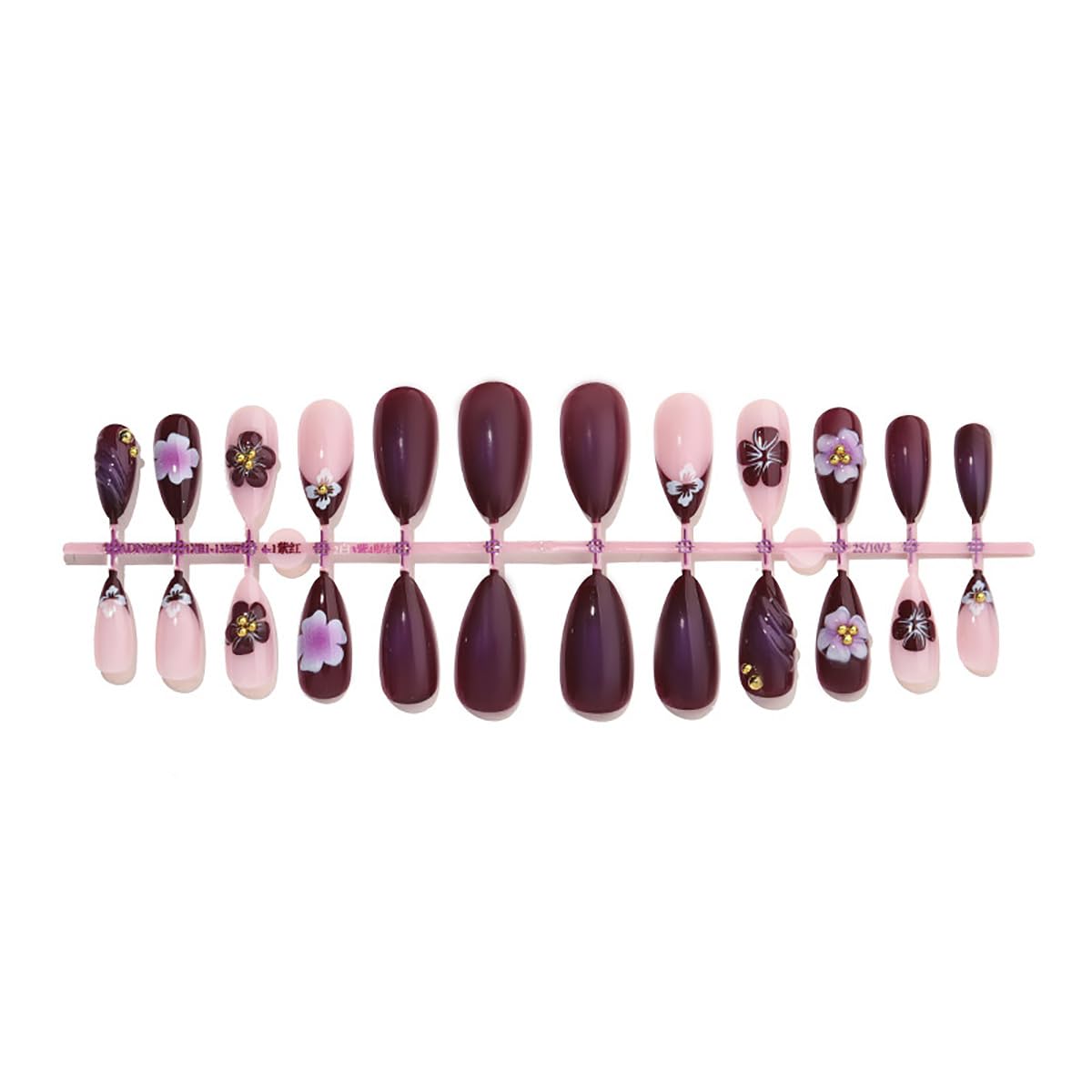 Flower Press-On Nails - Dark Purple Almond Shape with Gold Beads | 24 Pcs Reusable French Tip Design for Women