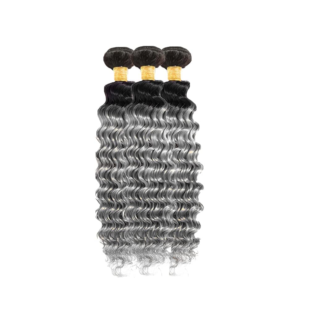 Ombre Human Hair Bundles Grey Deep Wave Bundle Brazilian Virgin Hair 3 Bundles 30 32 34 Inch 1b/grey Bundle Hair Extensions 300g
