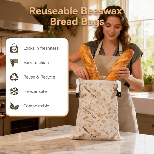 Reusable Beeswax Bread Bags - 2 Pack XL Organic Cotton Sourdough Storage