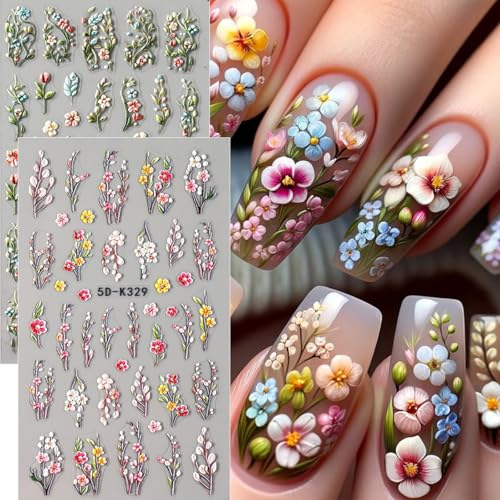 Brtavizvy 4 Sheets Spring Floral Nail Stickers with Tweezers - Green Vine Leaves, Colorful Petals, 5D Embossed Autumn Daisy Nail Decals (Multicolor)