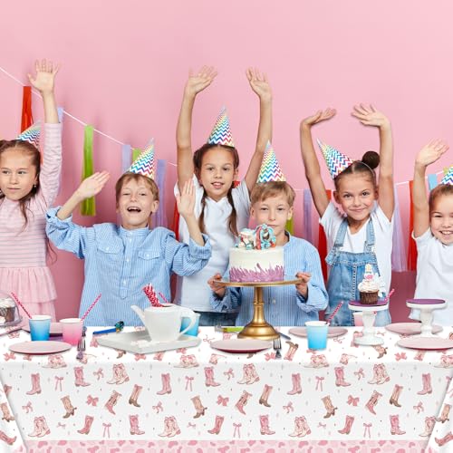 3-Piece Cowgirl Tablecloth Set with Pink Bows - Disposable Party Decor