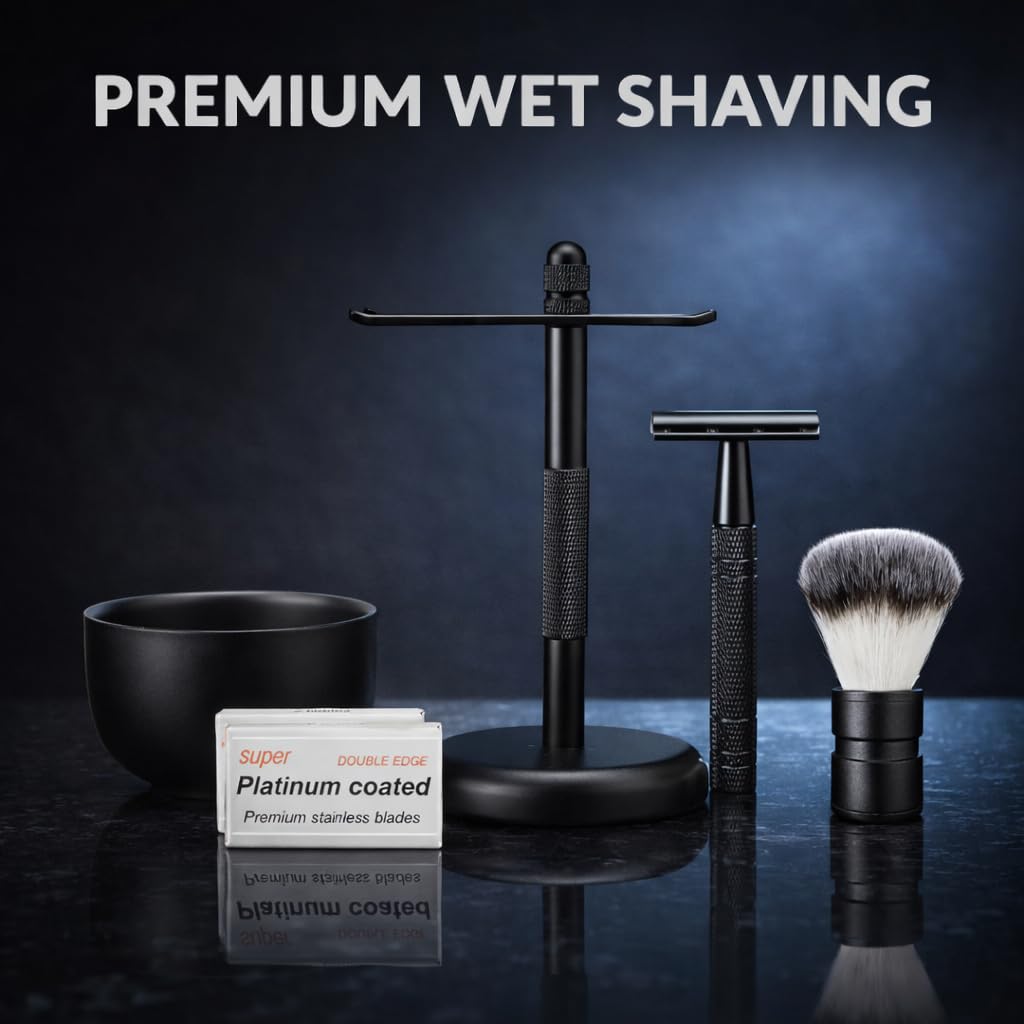 Men's Shaving & Grooming Set, Double Edge Safety Razor, Shaving Brush, Razor & Brush Stand,10 Blades, Shaving Bowl, Valentine Gift For Men, Gift for Fathers/Dads (Black).