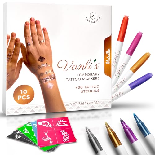 Vanli's Metallic Temporary Tattoo Markers Set with 30 Stencils - Skin-safe & Vibrant
