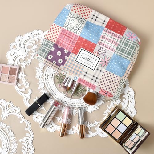 KeYaMee Patchwork Makeup Bag Travel Cosmetic Organizer for Women, Large Capacity
