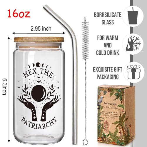 Hex the Patriarchy 16 oz Glass Cup with Lid & Straw - Feminist Gift