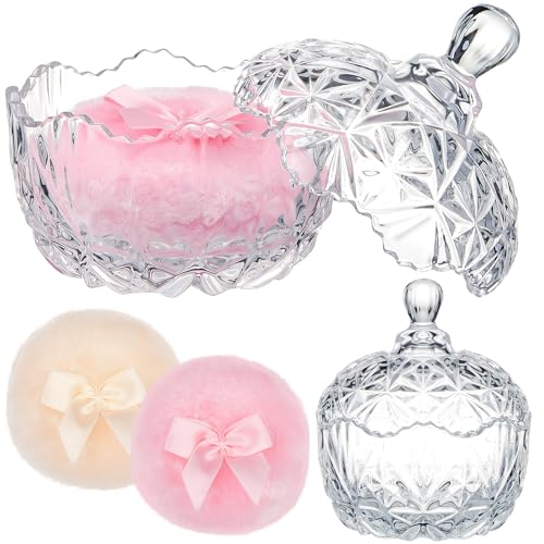 Tioncy Clear Body Powder Container Set with 2 Velour Puffs