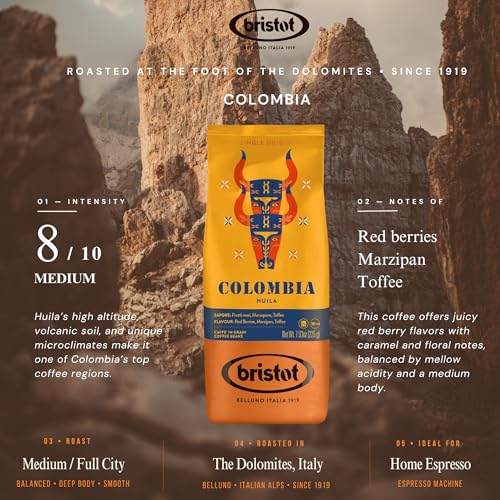 Bristot Colombia Huila Espresso Beans - 100% Arabica - Medium Roast with Red Berries, Marzipan & Toffee - 7.93 oz