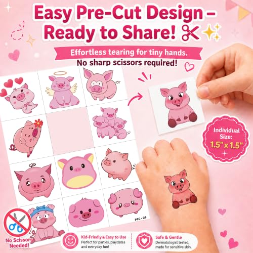 96 PCS Pre-Cut Pig Temporary Tattoos for Kids — Farm Animal Party Favors