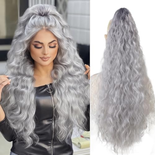 26-Inch Long Wavy Claw Clip Ponytail Extension - Light Grey Synthetic Hair