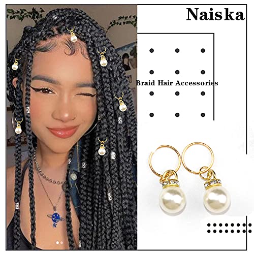 NAISKA Set of 6 Gold Pearl Hair Clips & Dreadlock Accessories with Crystals - Wedding & Party Hair Jewelry for Women
