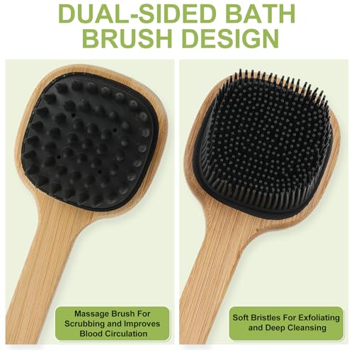 QEYMN Black 1pcs Silicone Back Scrubber with Long Bamboo Handle - Dual-Sided Shower Brush for Exfoliation & Massage