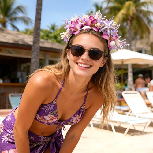 KorViSHOW Purple Hawaiian Flower Crown Headband - Bridal & Festival Accessory