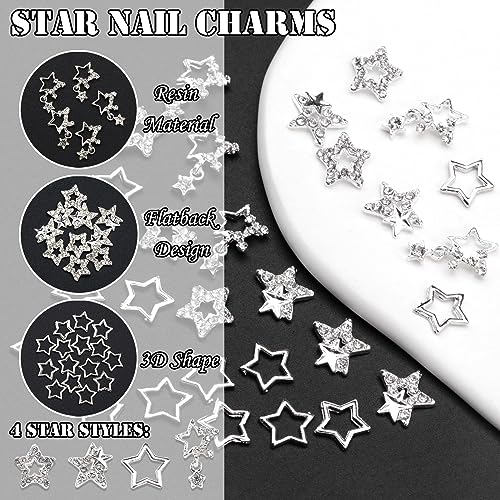 30PCS Star Nail Charms - 3D Silver Pentagram Nail Art Gems