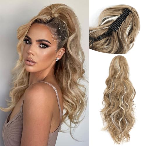 MORICA 24 Inch Curly Ponytail Extension with Claw Clip, Chestnut Brown Mix Blonde Highlights