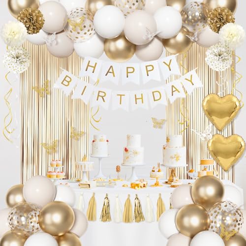 Gold and White Birthday Party Decorations Set | 105 pcs Foil Balloons, Banner, Paper Pompoms & More