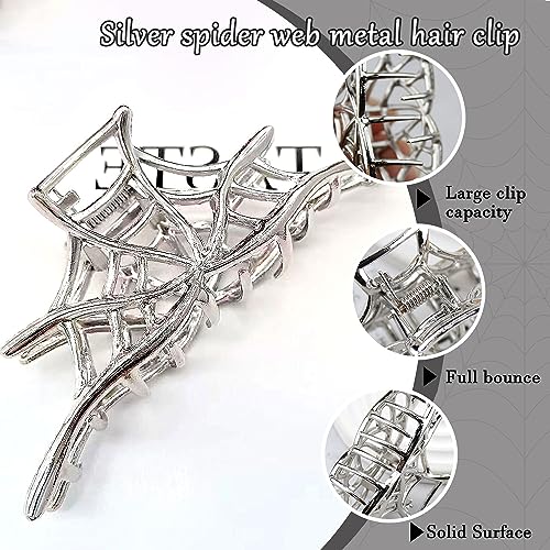 BELSITA Silver Halloween Spider Web Hair Claw Clip - Large, Strong Hold, Trendy Accessory