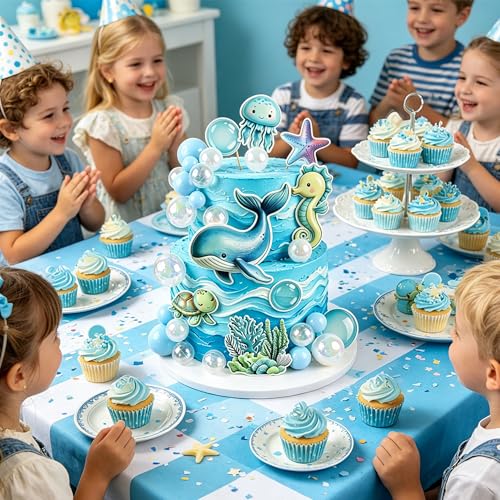 Under the Sea Birthday Cake Toppers Set - 33Pcs Ocean Animals & Bubble Balls