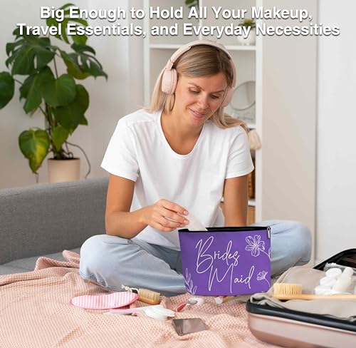 Beshoul Purple Bridesmaid Makeup Bag - Wedding Gift Cosmetic Organizer with Zipper